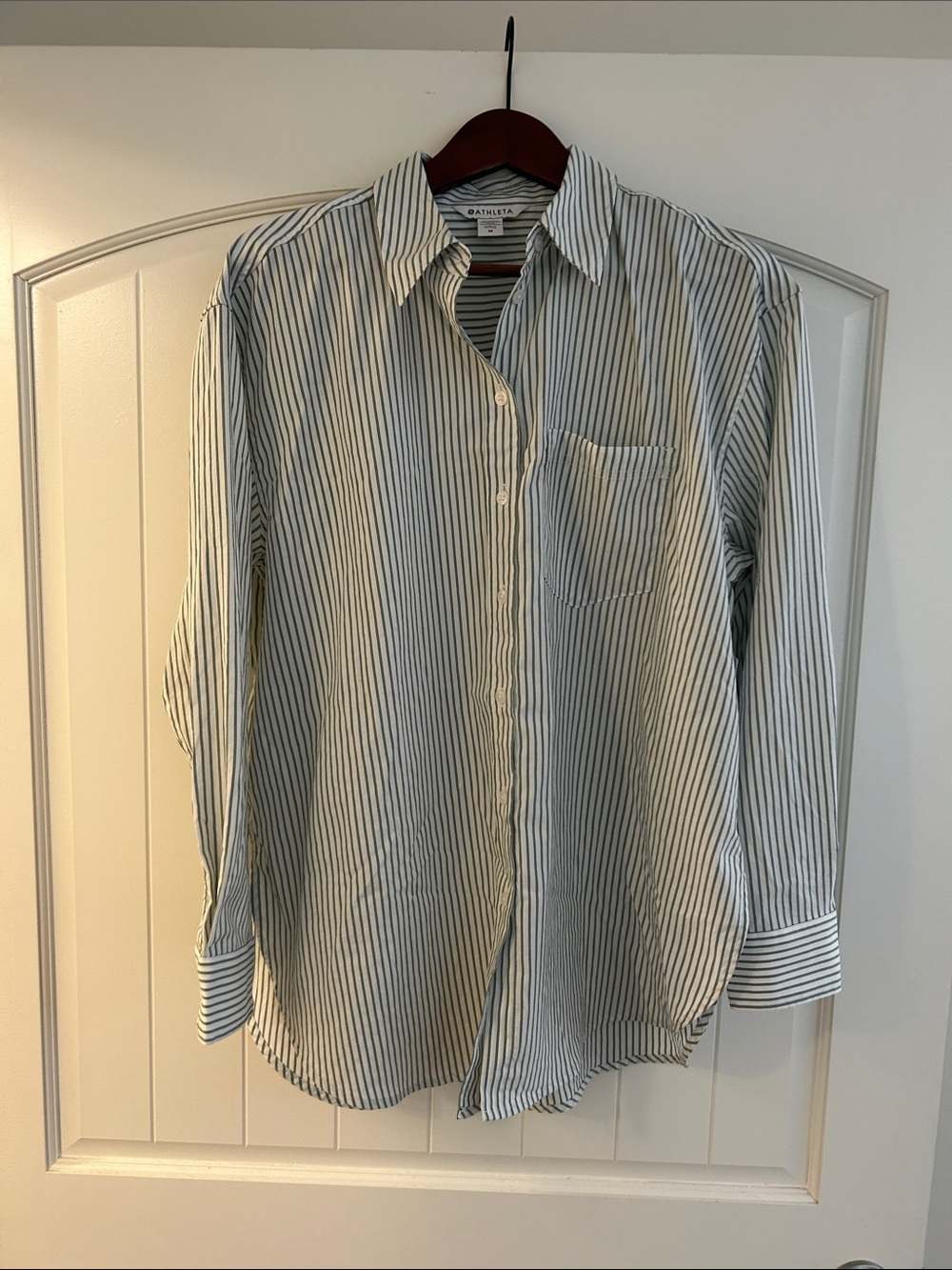 Athleta White Shirt with Navy Pinstripes